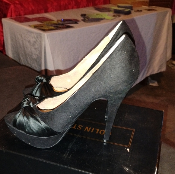 Black Chunky Platform Heels with White Stripe - Picture 6 of 9